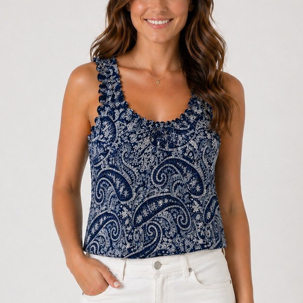 J.Crew Smocked Top Antique Paisley Cropped Tank Trip Coastline Blue White Small